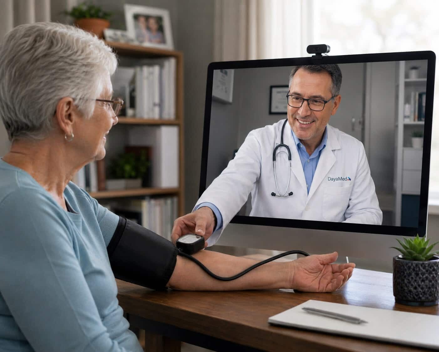 A patient at home takes a blood pressure reading while a DayaMed clinician guides her over a video visit on her monitor