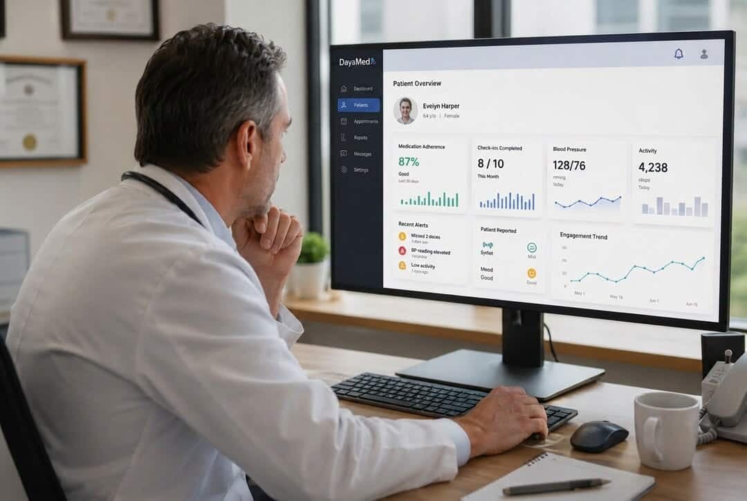 A clinician at their desk reviewing a DayaMed patient overview dashboard with medication adherence, blood pressure, check-ins, and engagement trends