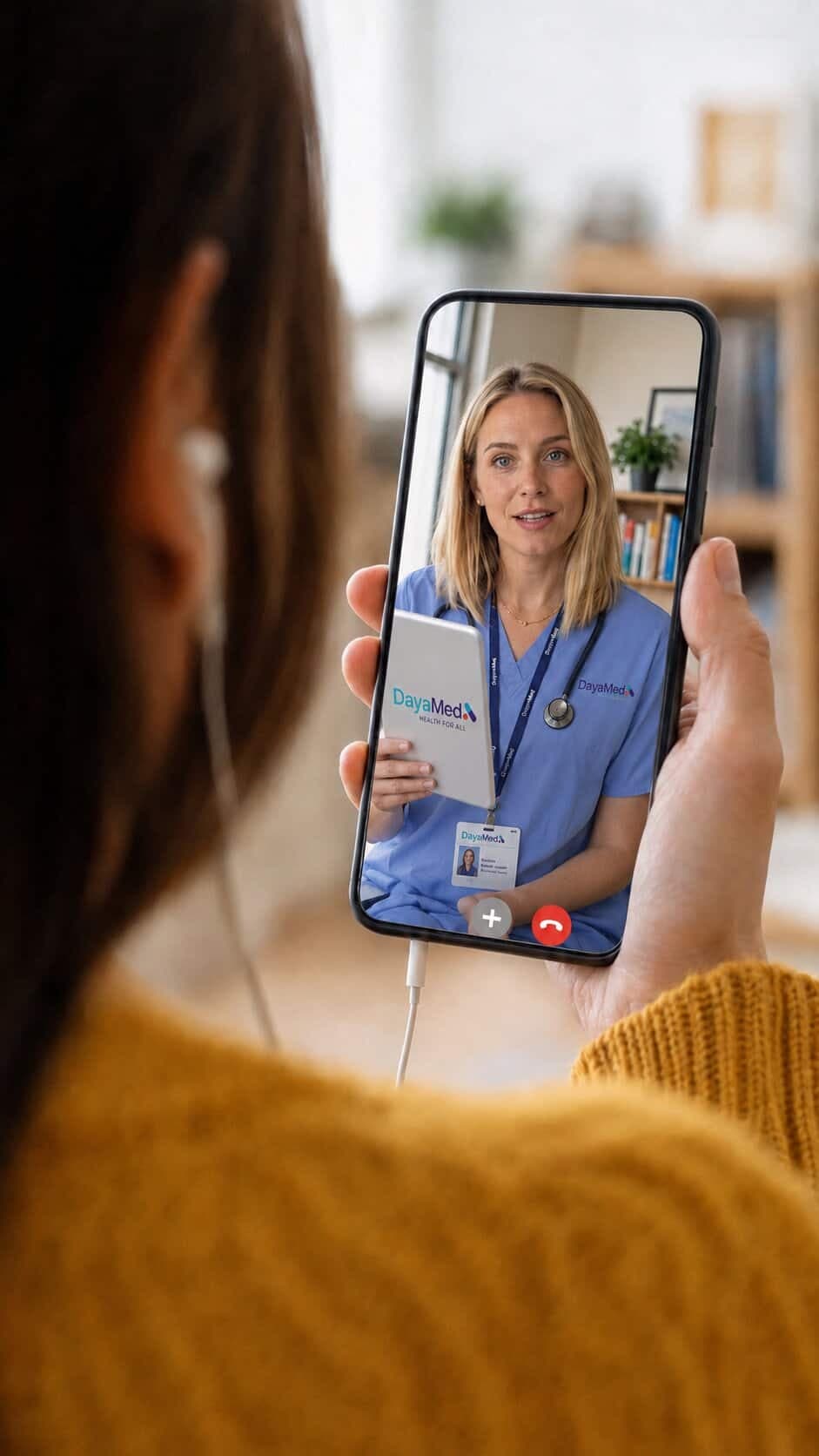 A patient on a video call with a DayaMed nurse